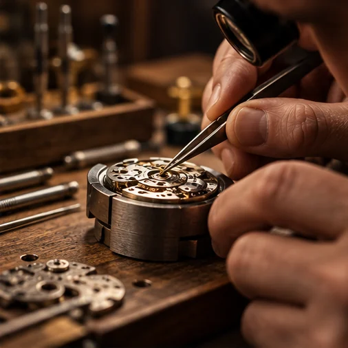 Illustrative watchmaker adjusting a movement with fine tweezers